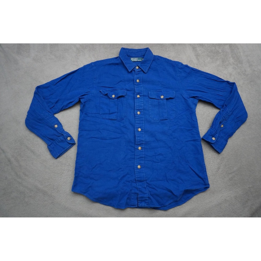 Polo By Ralph Lauren Shirt Mens Medium Blue Solid Cotton Twill Pockets Casual